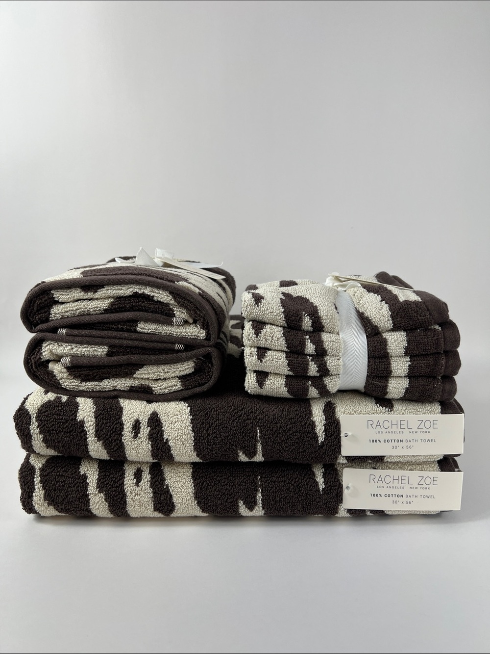 Rachel Zoe Bath Towel Set Brown and Cream Cow-Print Soft Cotton 8 Pc Set NEW